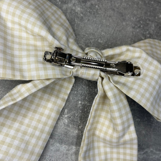 Beige Gingham Hair Bow on Silver Clip