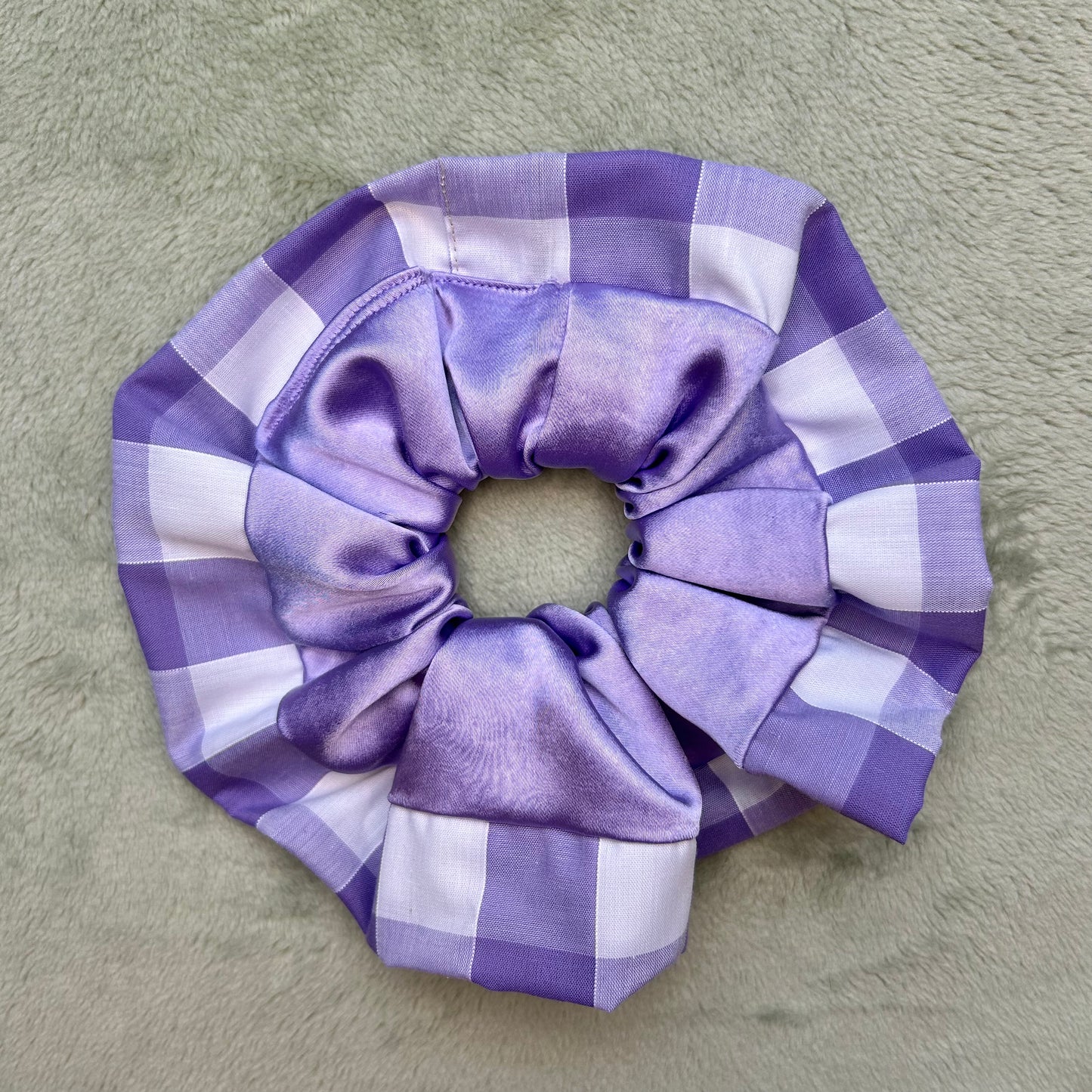 Lilac Satin Scrunchie with Wide Gingham Trim