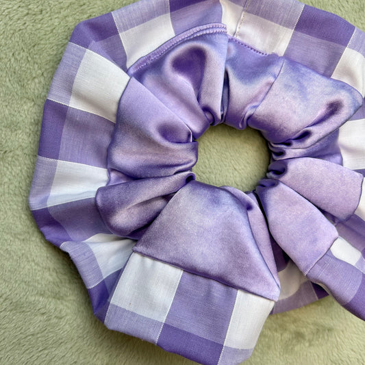 Lilac Satin Scrunchie with Wide Gingham Trim