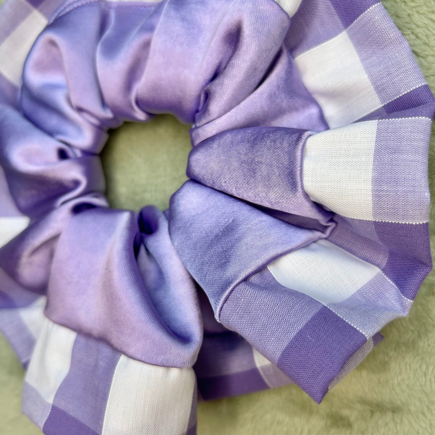 Lilac Satin Scrunchie with Wide Gingham Trim