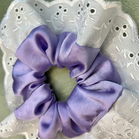 Lilac Satin Scrunchie with Broderie Trim