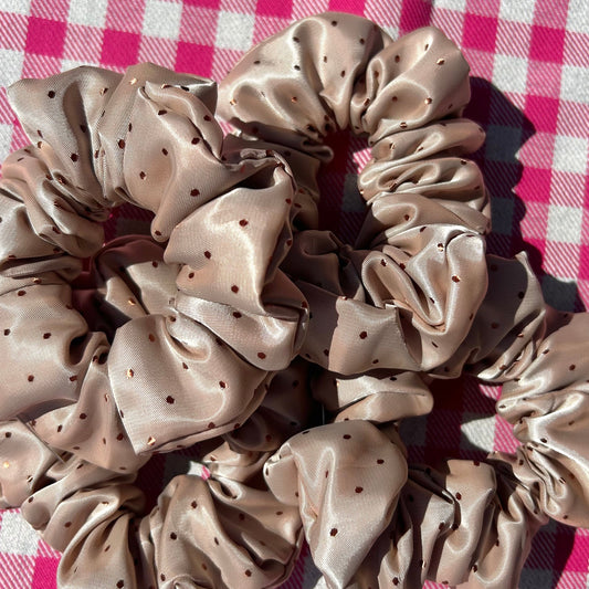 Beige Irridescent Spotty Satin Scrunchie | Brown Polka Dot | Handmade | That Scrunchie Brand