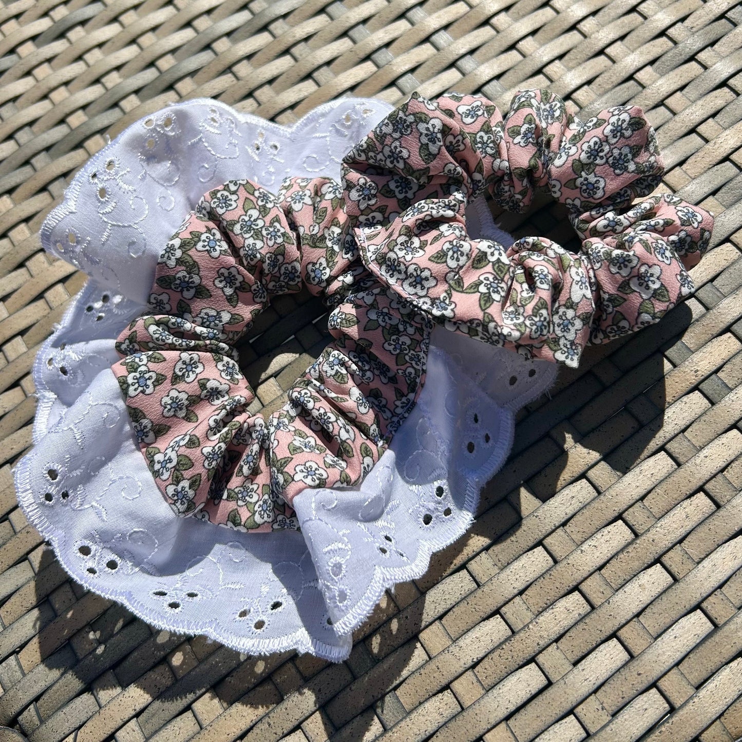 Baby Pink and Pale Green Spring Floral Scrunchie | Soft Cotton | Handmade | That Scrunchie Brand