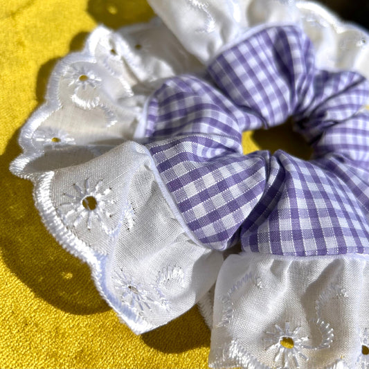 Large Lilac Gingham Scrunchie with Broderie Trim