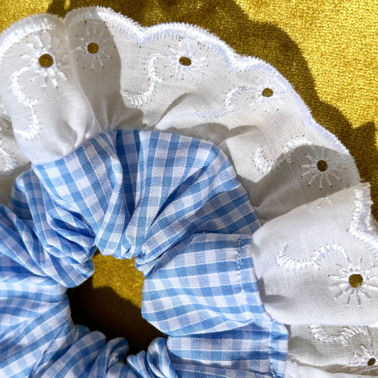 Large Light Blue Gingham Scrunchie with Broderie Trim