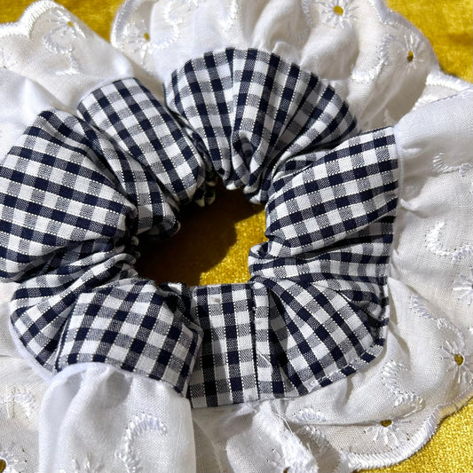Large Navy Gingham Scrunchie with Broderie Trim