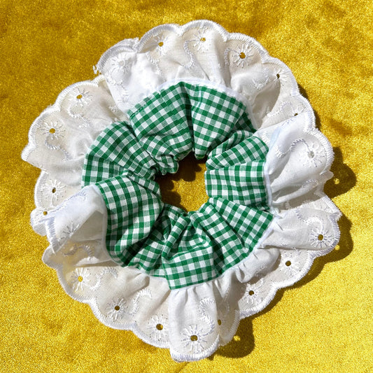 Large Green Gingham Scrunchie with Broderie Trim