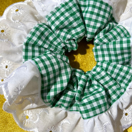 Large Green Gingham Scrunchie with Broderie Trim