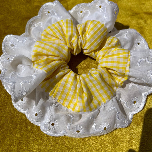 Large Yellow Gingham Scrunchie with Broderie Trim