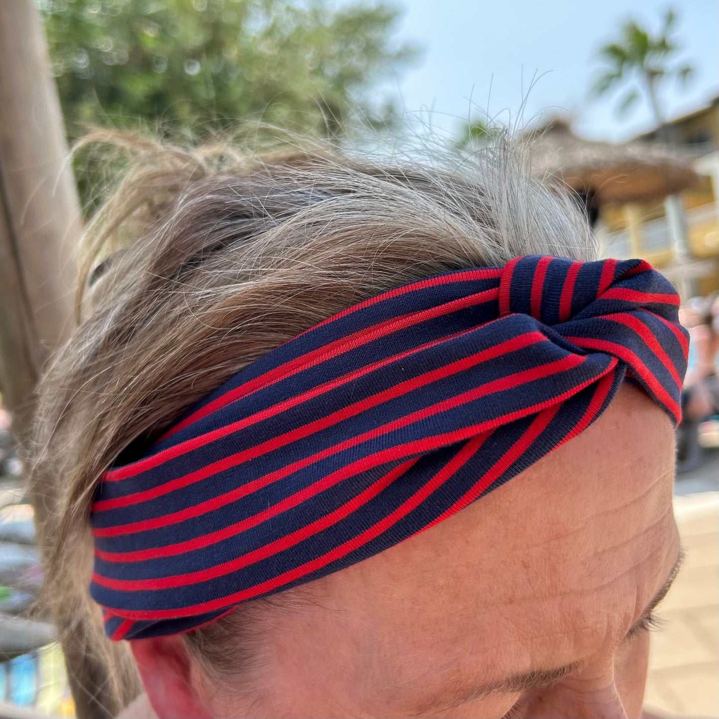 Navy Blue and Red Striped Jersey Headband