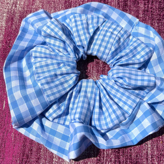 Large Light Blue Gingham Scrunchie with Wider Gingham Trim