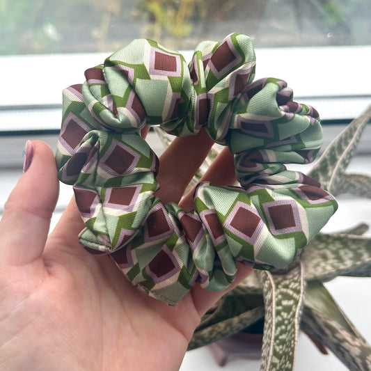 Green Geometric Pattern Satin Scrunchie