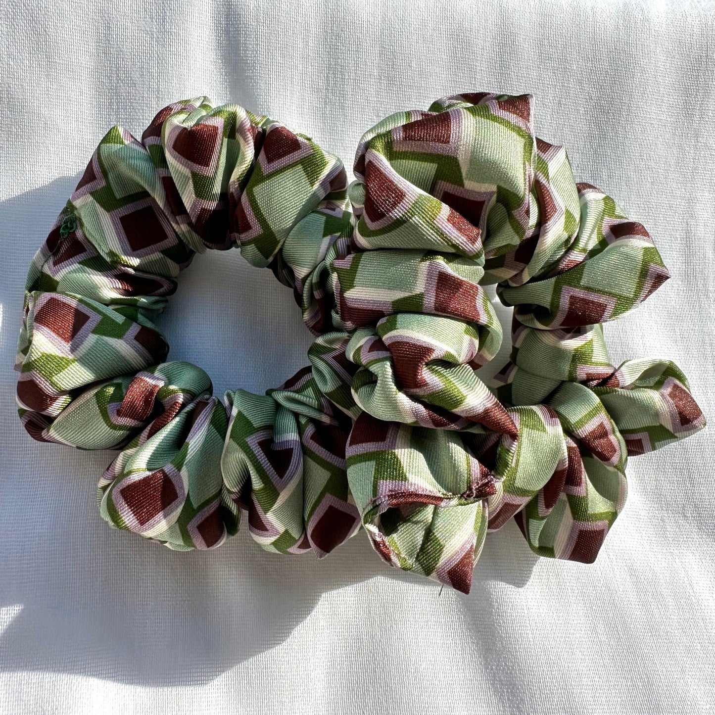 Green Geometric Pattern Satin Scrunchie