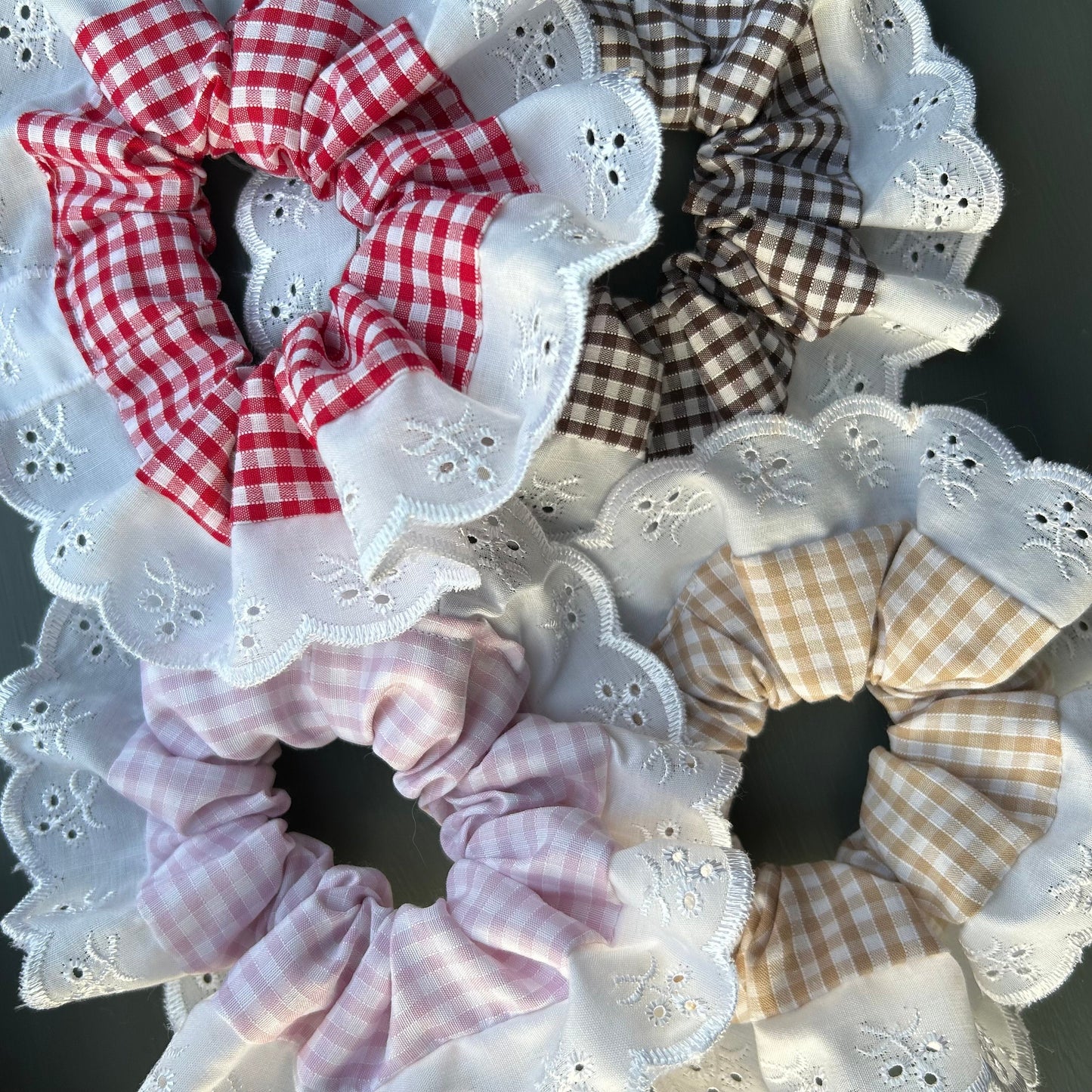Large Brown Gingham Scrunchie with Broderie Trim