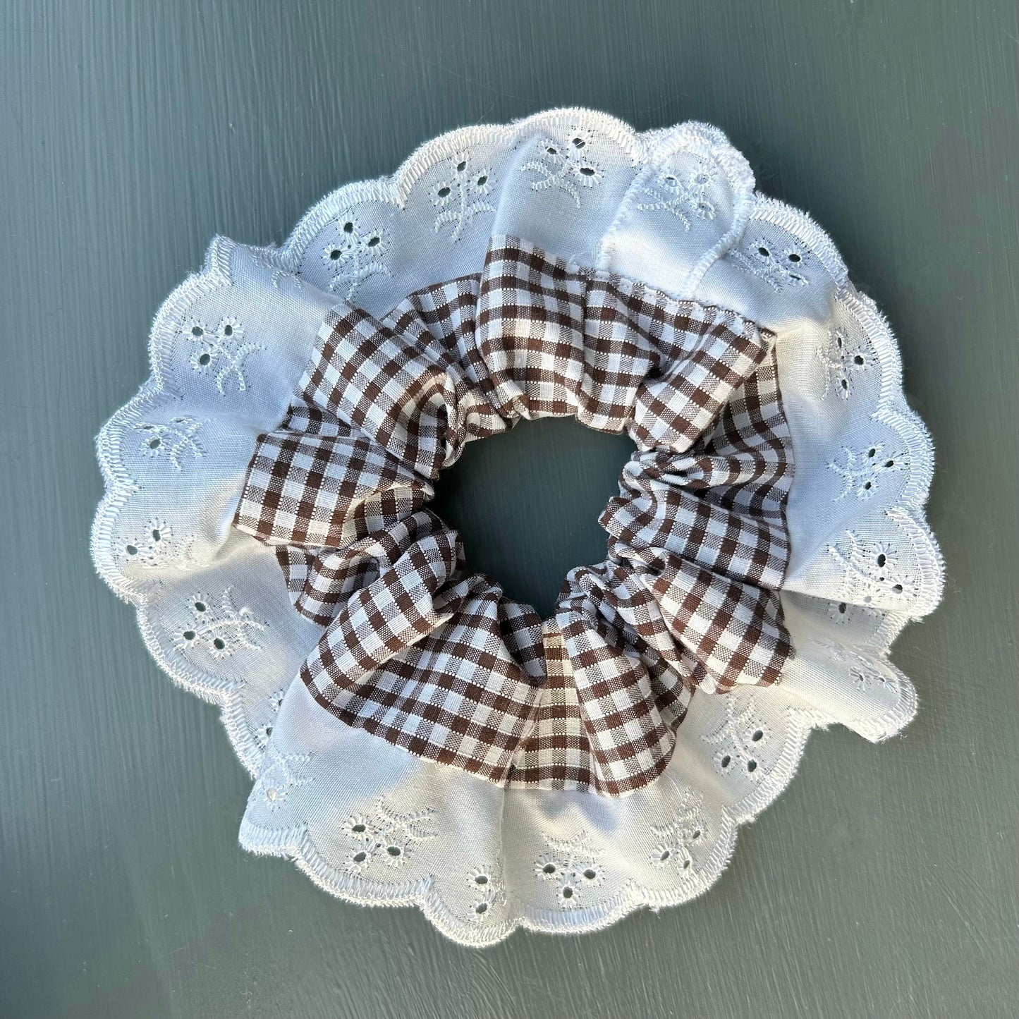 Large Brown Gingham Scrunchie with Broderie Trim
