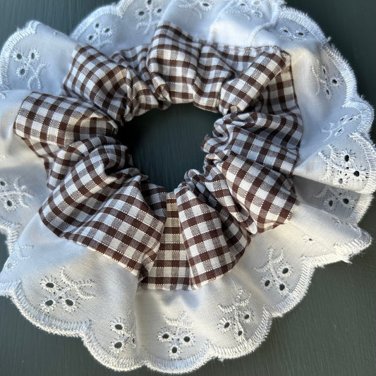 Large Brown Gingham Scrunchie with Broderie Trim