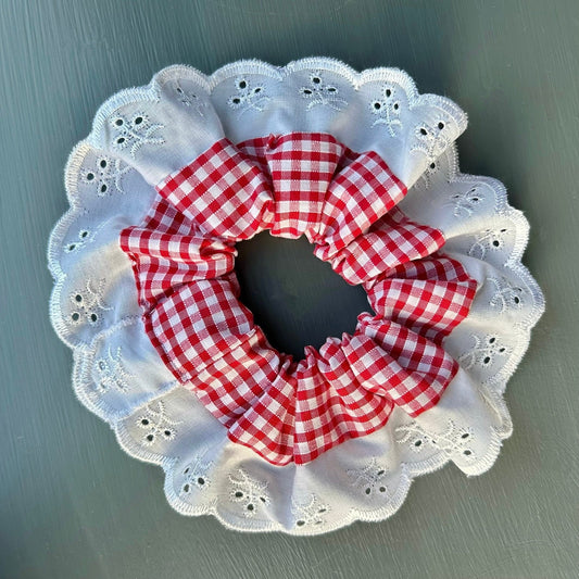 Red Gingham Scrunchie with Broderie Trim