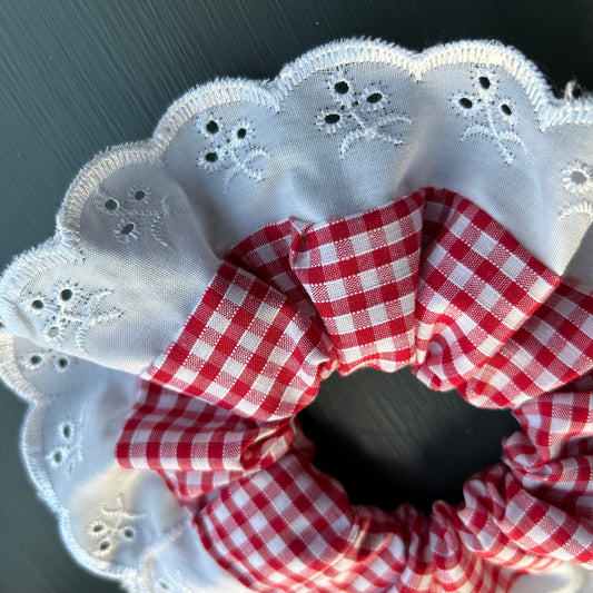 Red Gingham Scrunchie with Broderie Trim