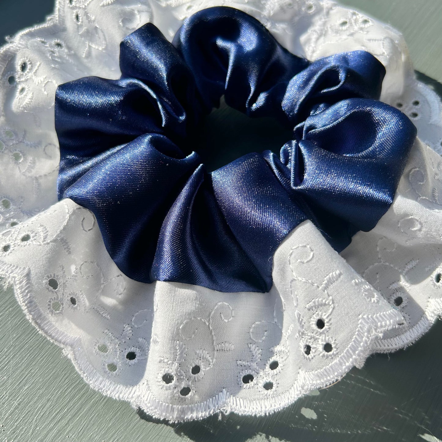 Midnight Blue Satin Scrunchie with Broderie Trim