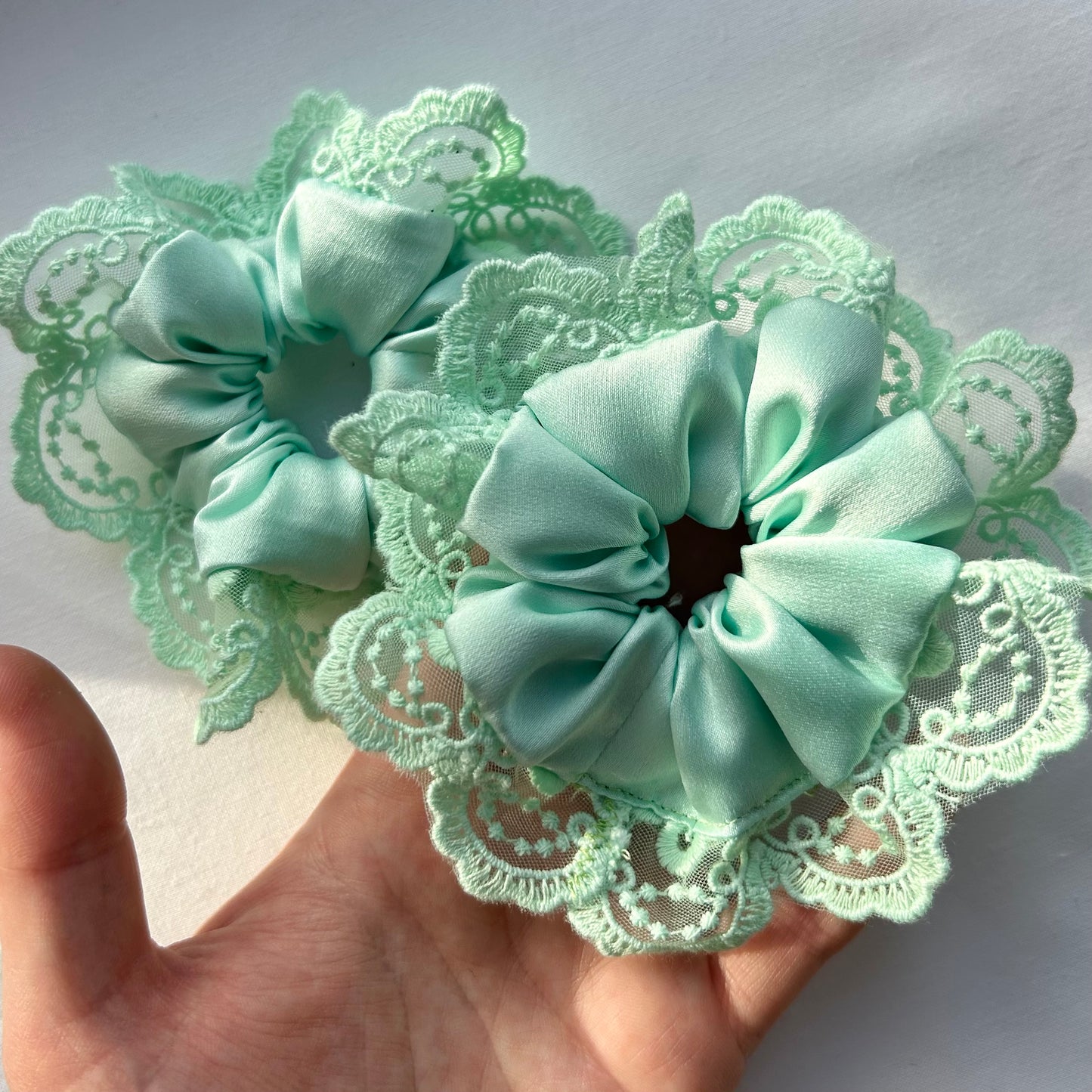 Mint Satin Baby Scrunchie with Trim