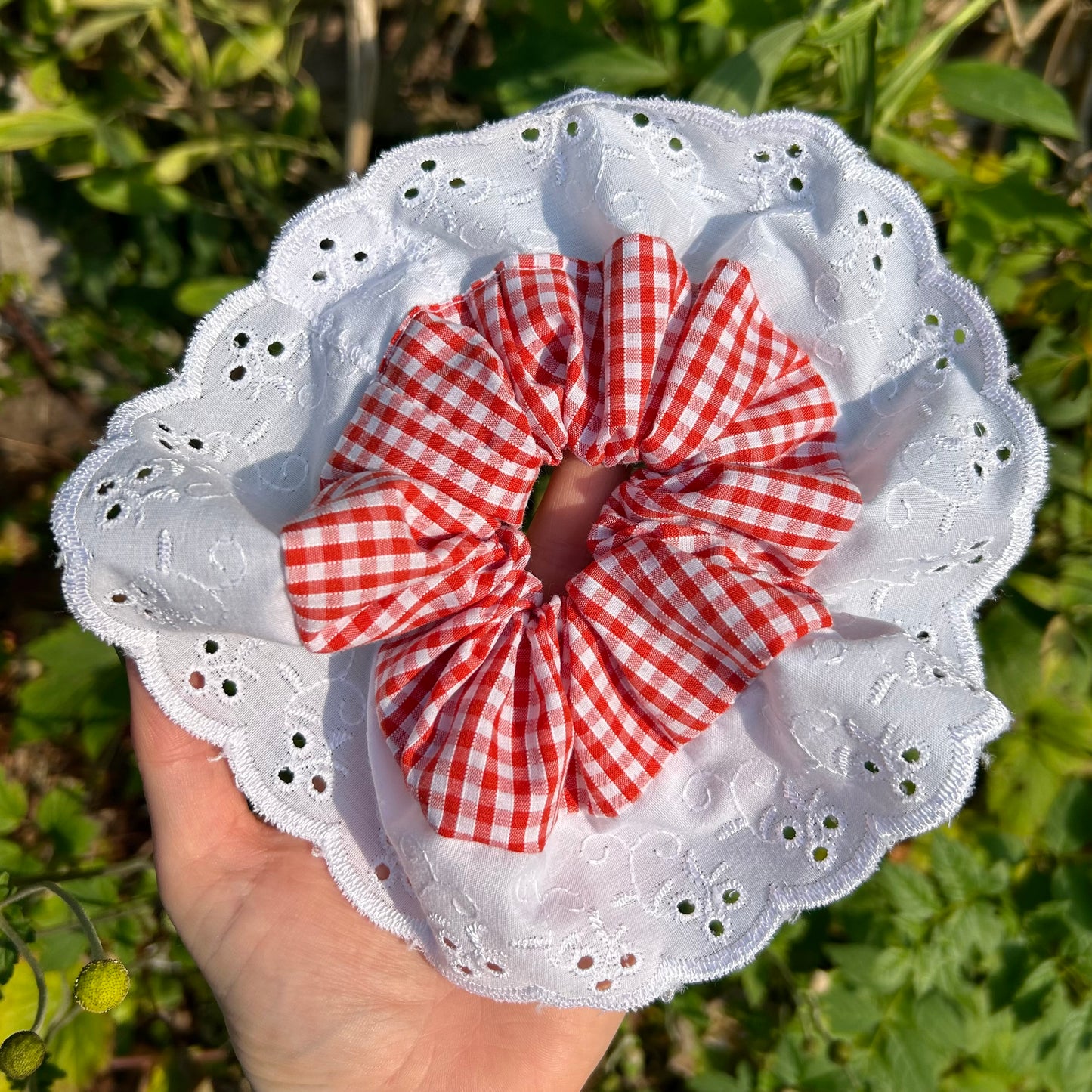 Orange Gingham Scrunchie with Broderie Trim