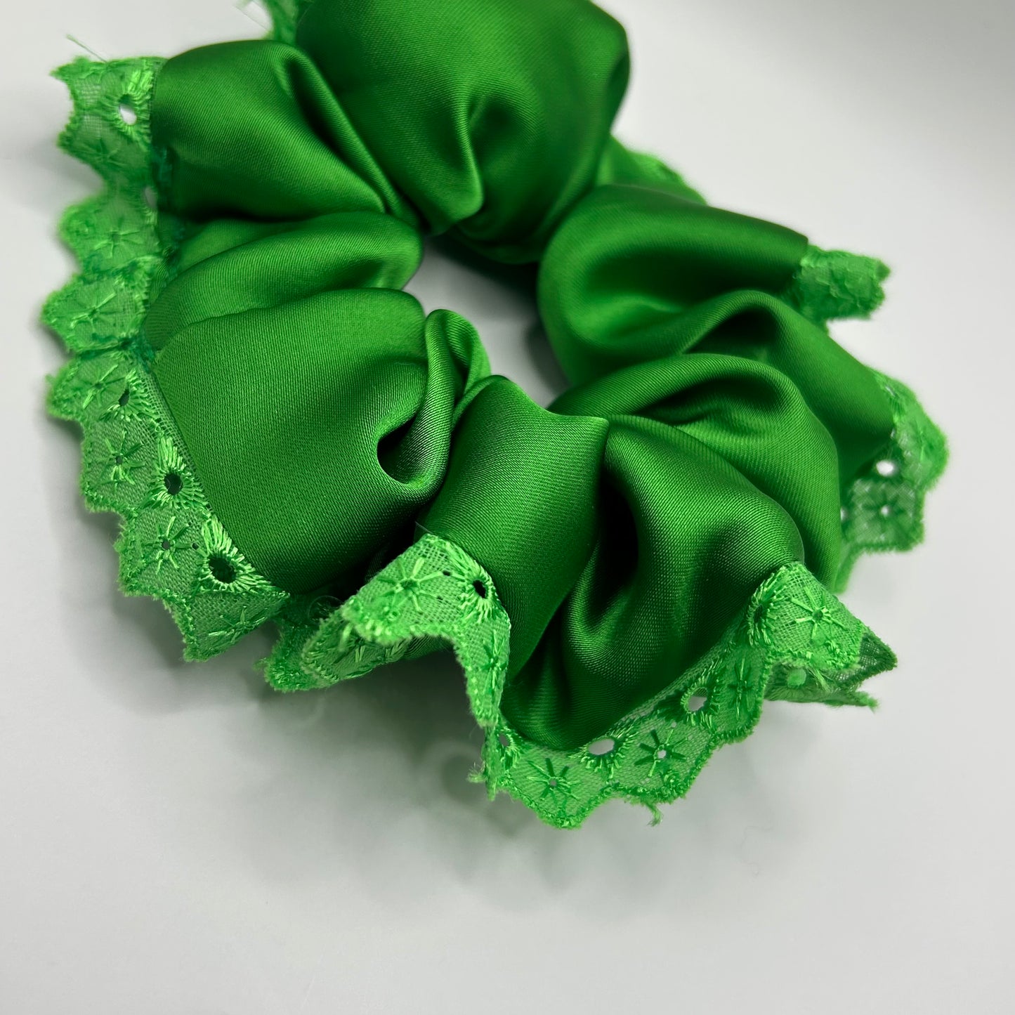 Shamrock Green Satin Scrunchie with Lace Trim