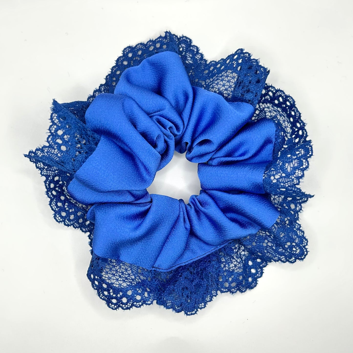 Royal Blue Satin Scrunchie with Lace Trim