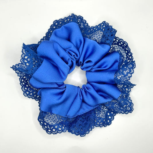 Royal Blue Satin Scrunchie with Lace Trim