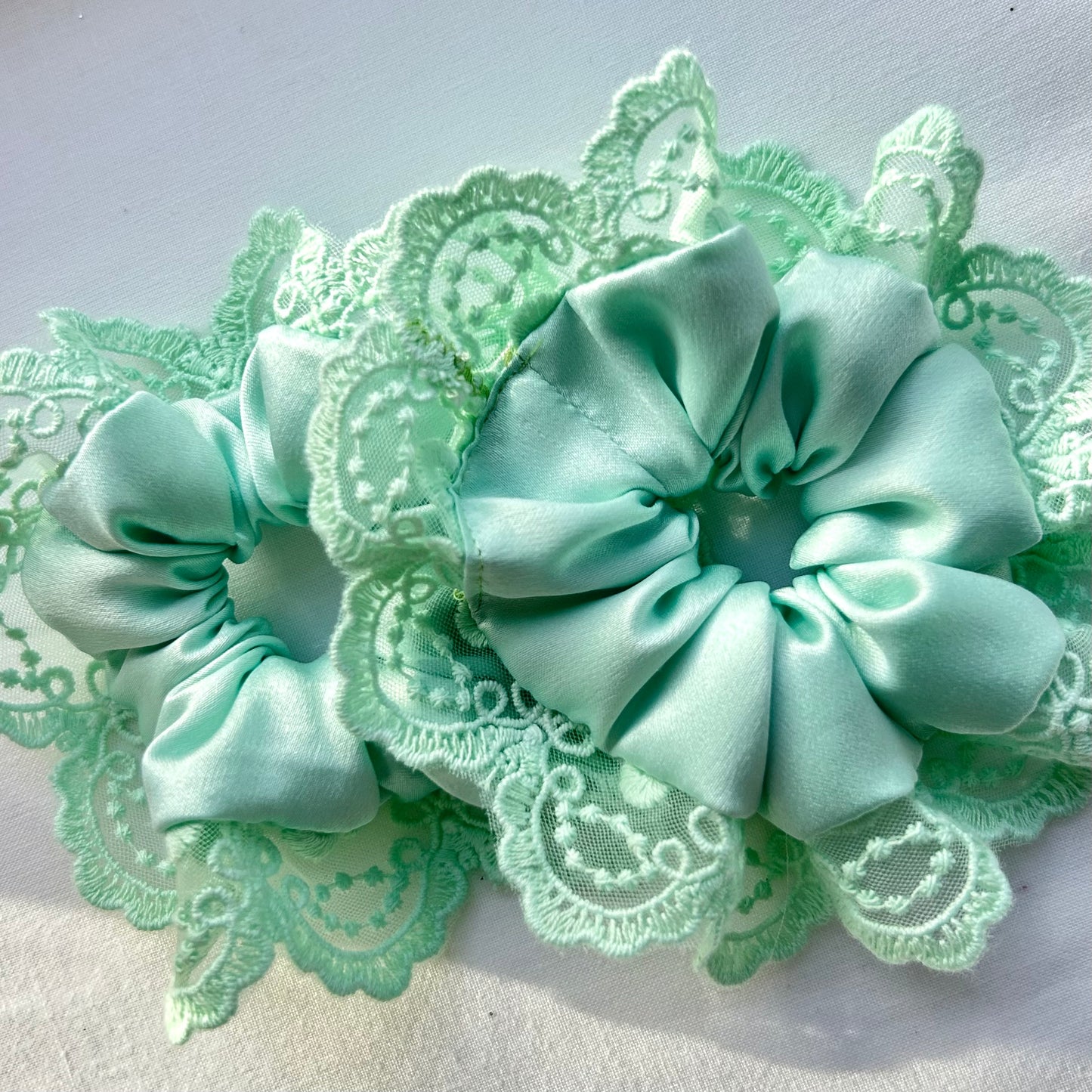 Mint Satin Baby Scrunchie with Trim