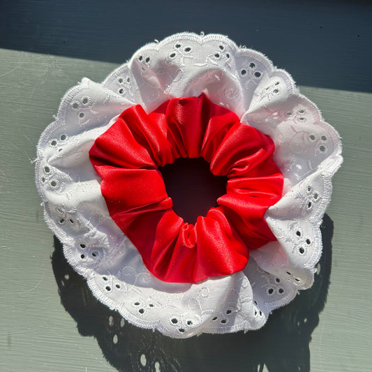 Red Satin Scrunchie with Broderie Trim