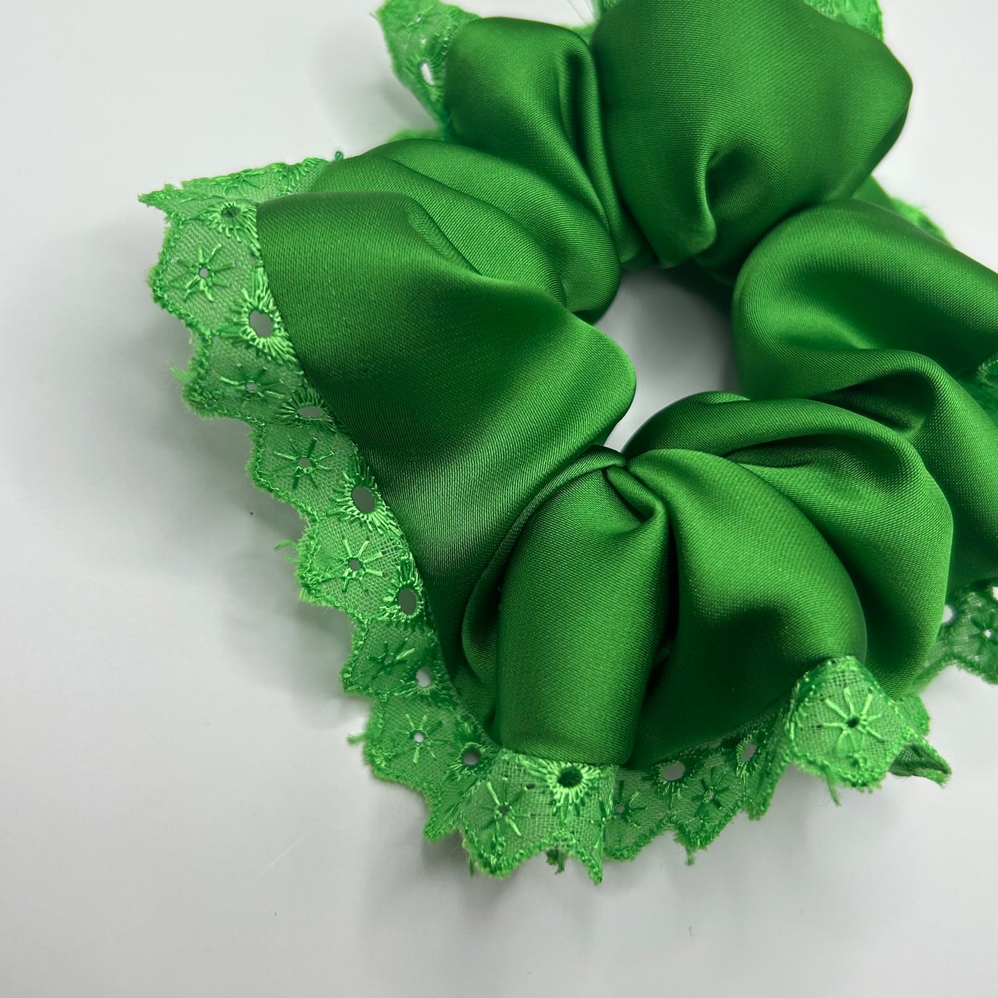 Shamrock Green Satin Scrunchie with Lace Trim