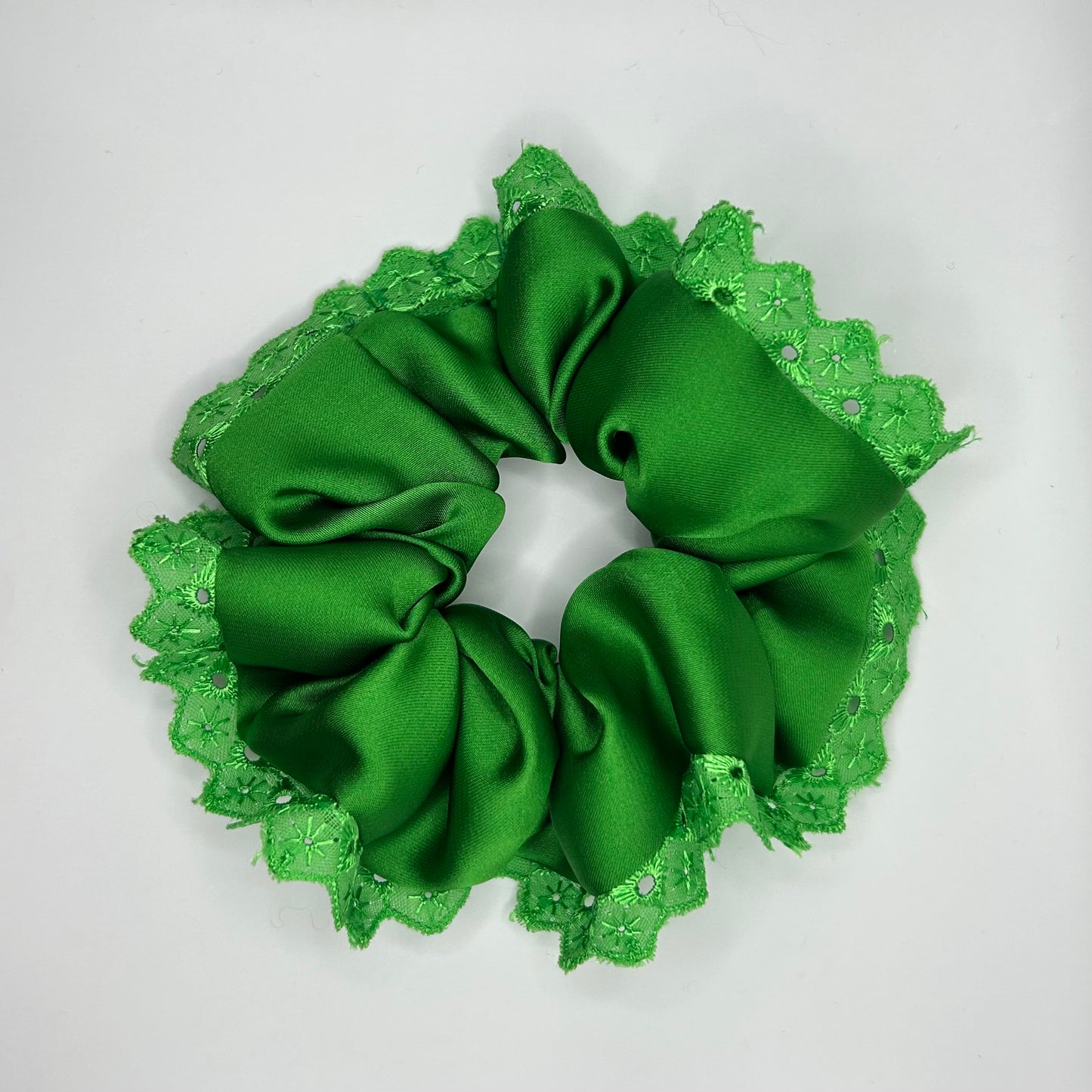 Shamrock Green Satin Scrunchie with Lace Trim