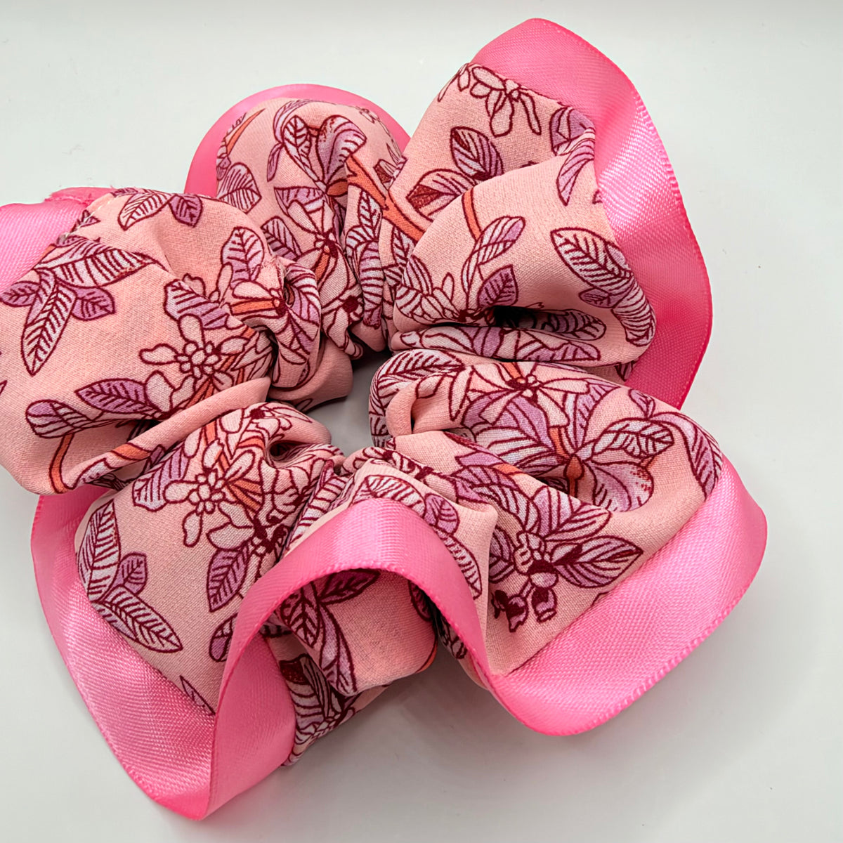 Pink Leaf Pattern Scrunchie with Ribbon Trim