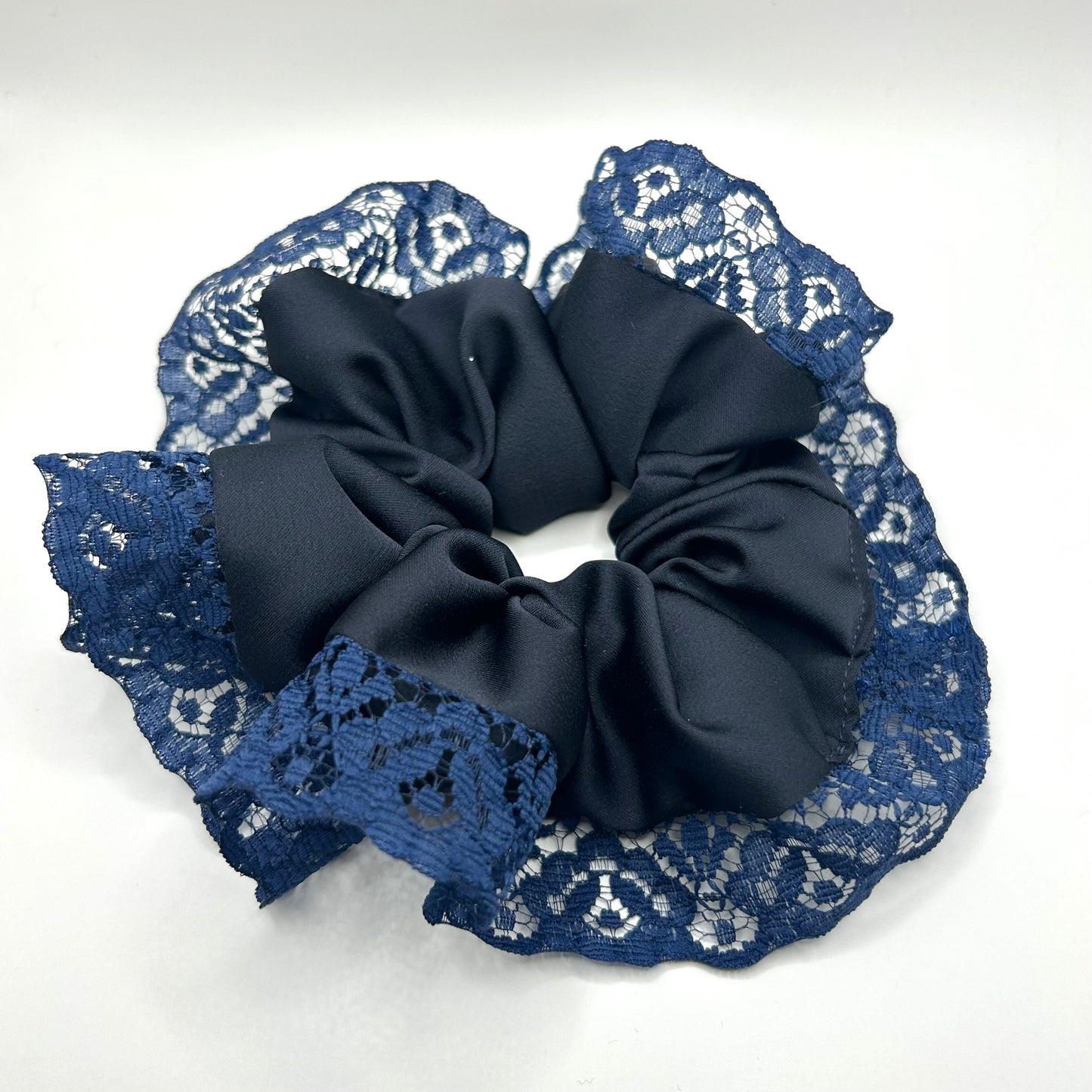 Dark Navy Satin Scrunchie with Lace Trim