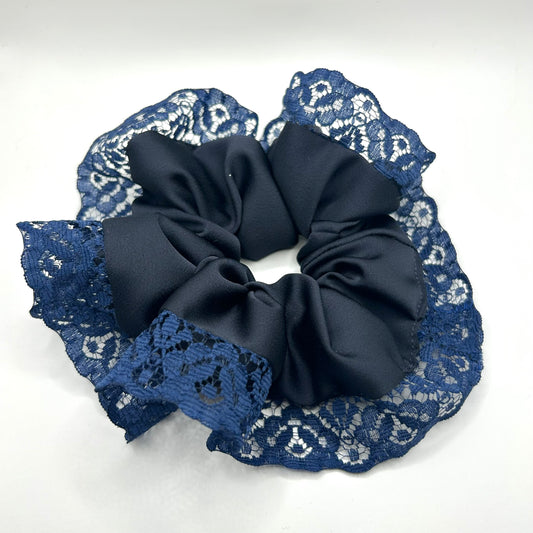 Dark Navy Satin Scrunchie with Lace Trim