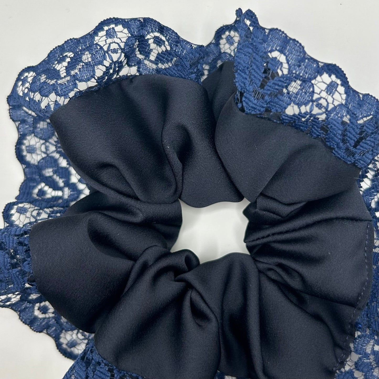 Dark Navy Satin Scrunchie with Lace Trim