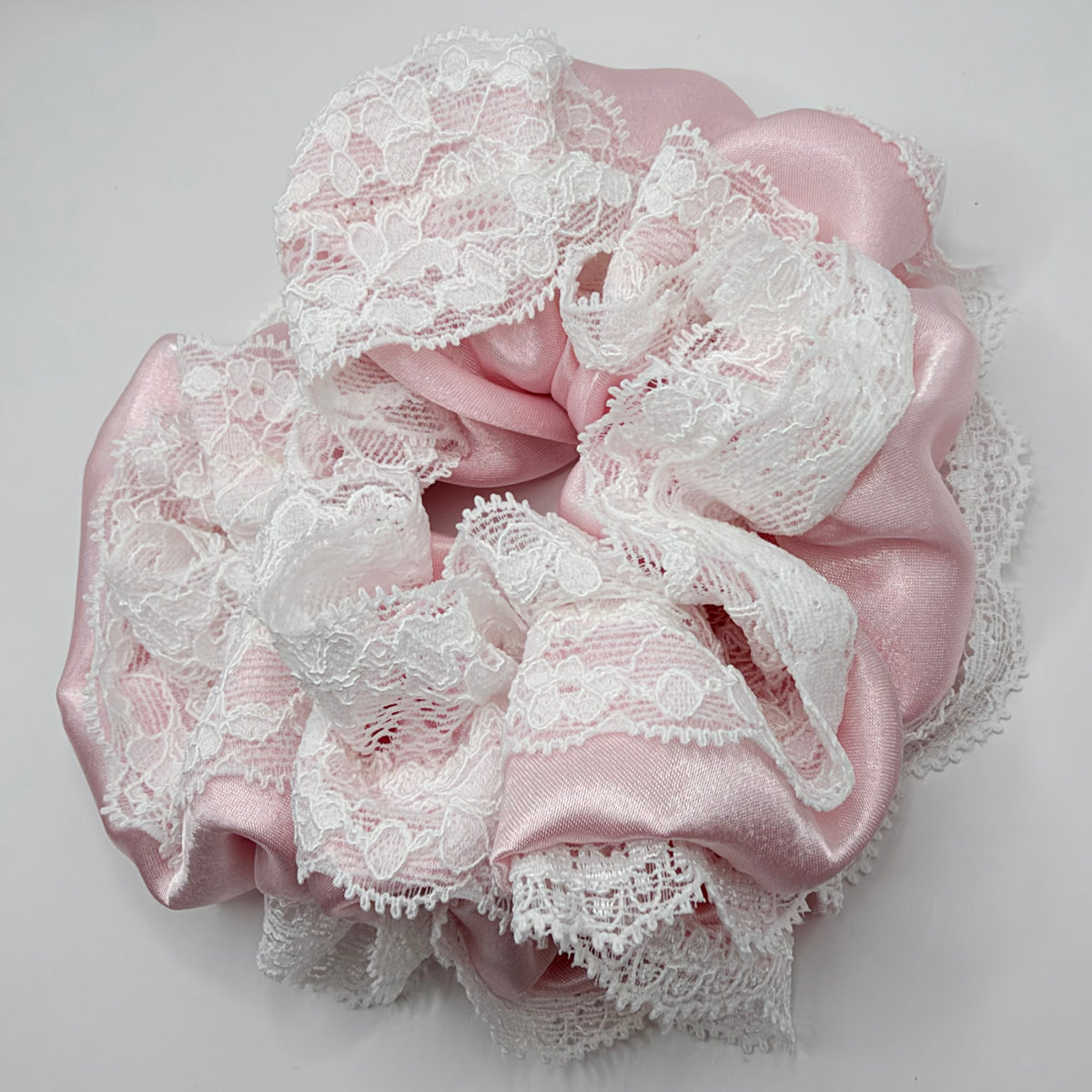 Baby Pink Satin Scrunchie with Lace Trim