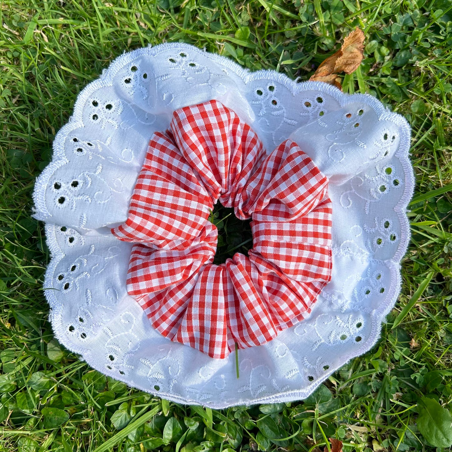 Orange Gingham Scrunchie with Broderie Trim