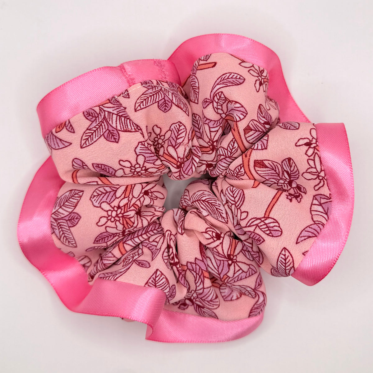 Pink Leaf Pattern Scrunchie with Ribbon Trim