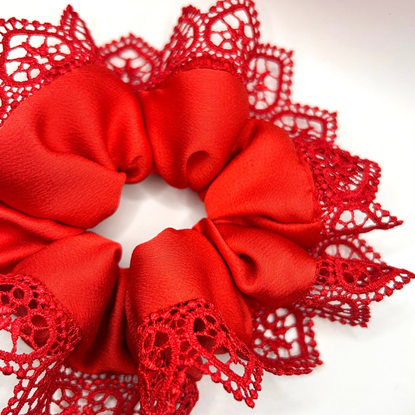Red Satin Scrunchie with Love Heart Trim