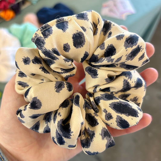 Beige Leopard Print Satin Scrunchie