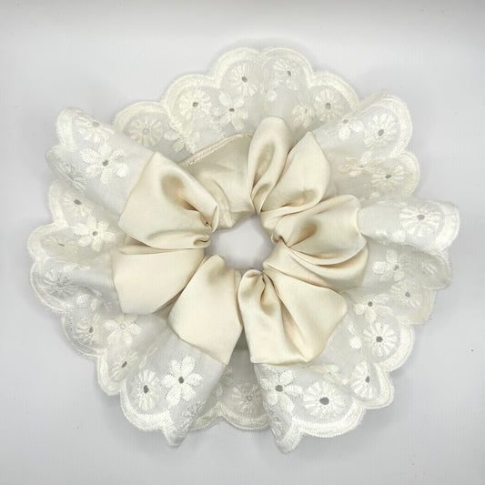 Ivory Satin Scrunchie with Cream Broderie Trim