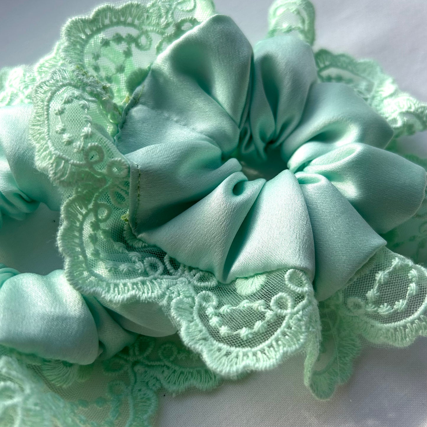 Mint Satin Baby Scrunchie with Trim