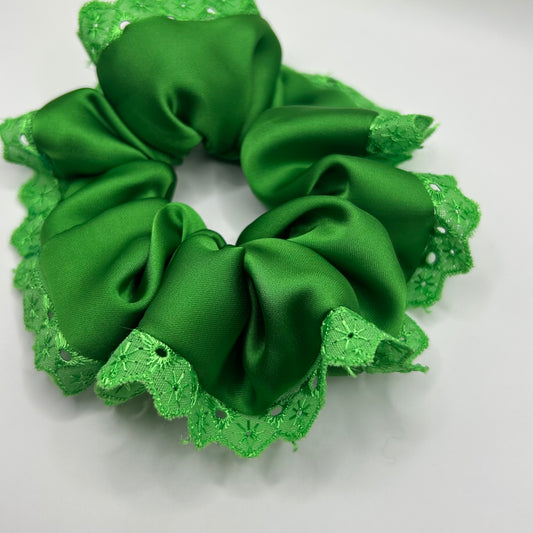 Shamrock Green Satin Scrunchie with Lace Trim