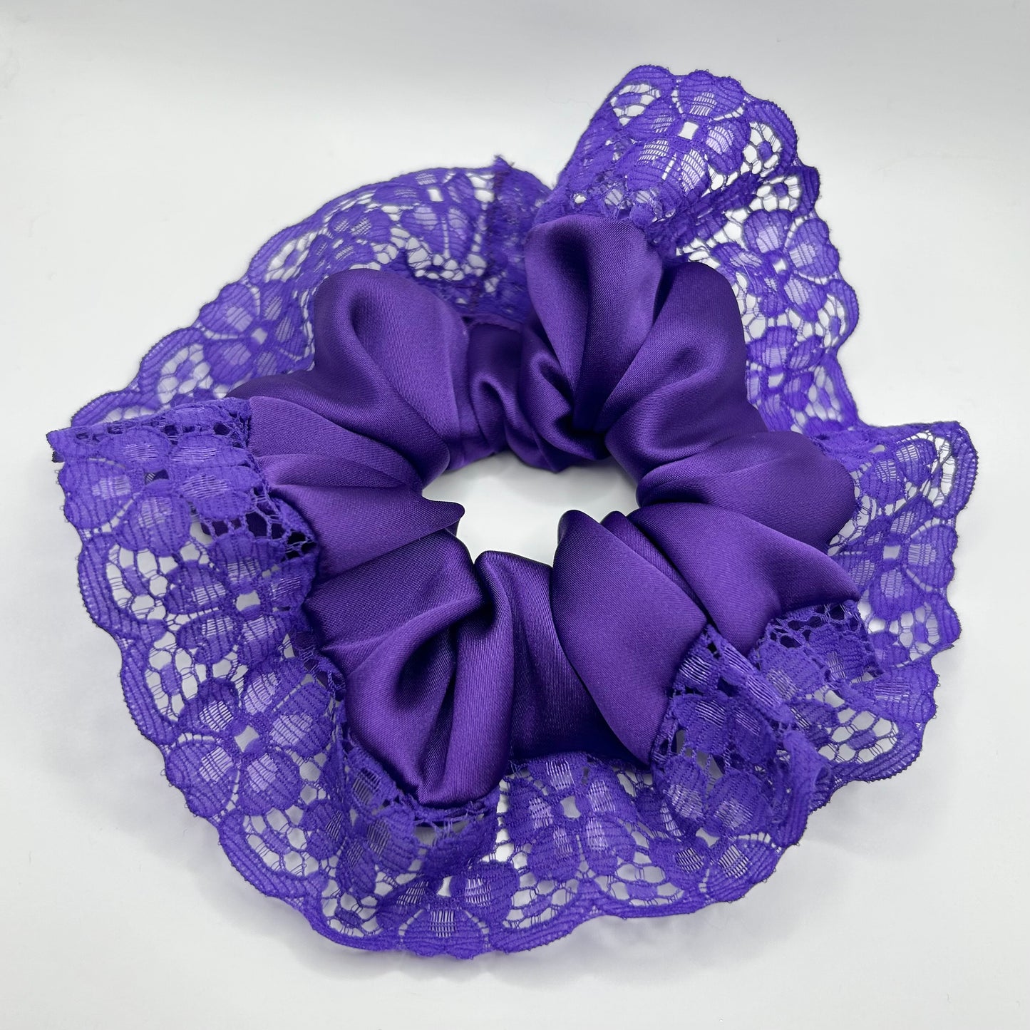 Deep Purple Satin Scrunchie with Floral Lace Trim