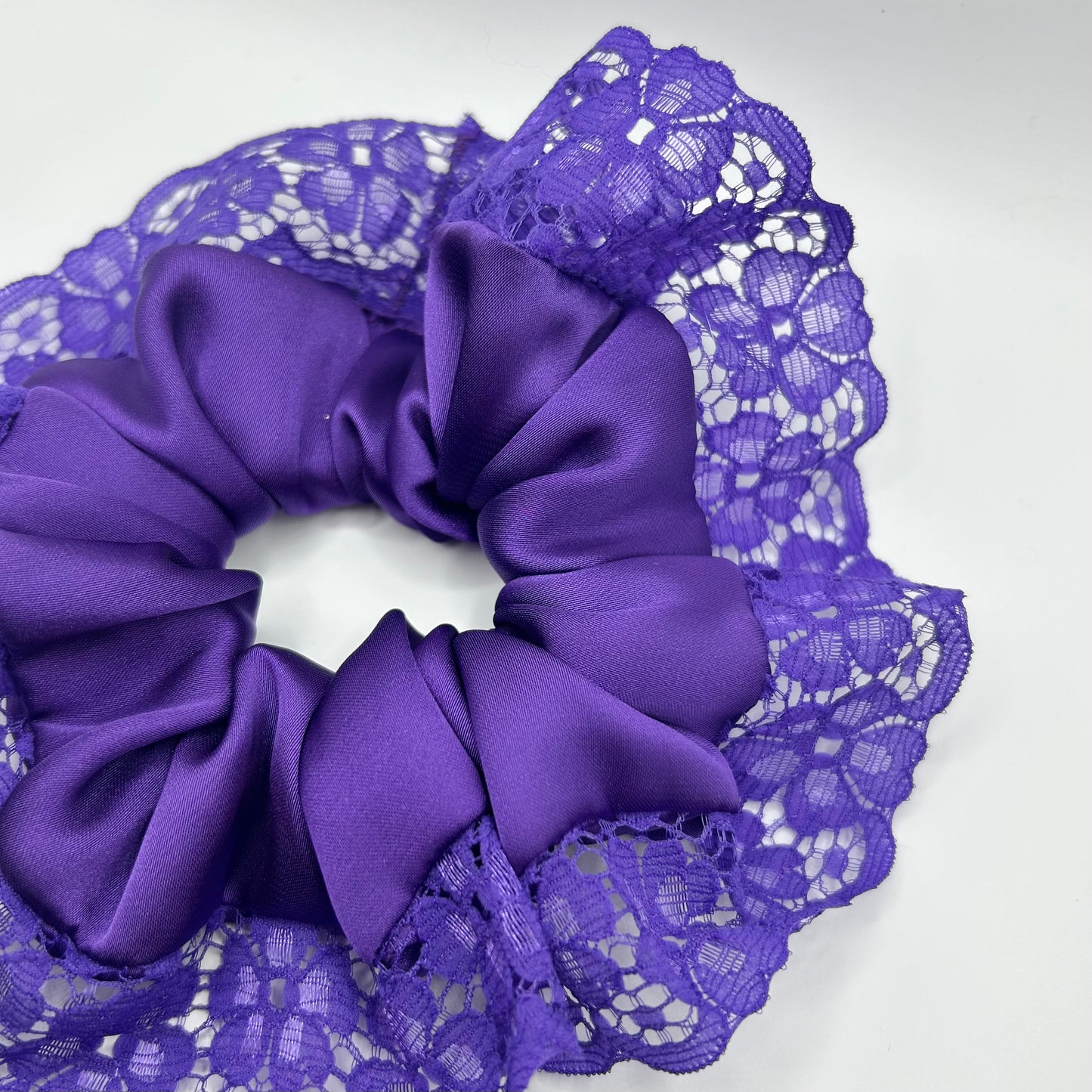 Deep Purple Satin Scrunchie with Floral Lace Trim
