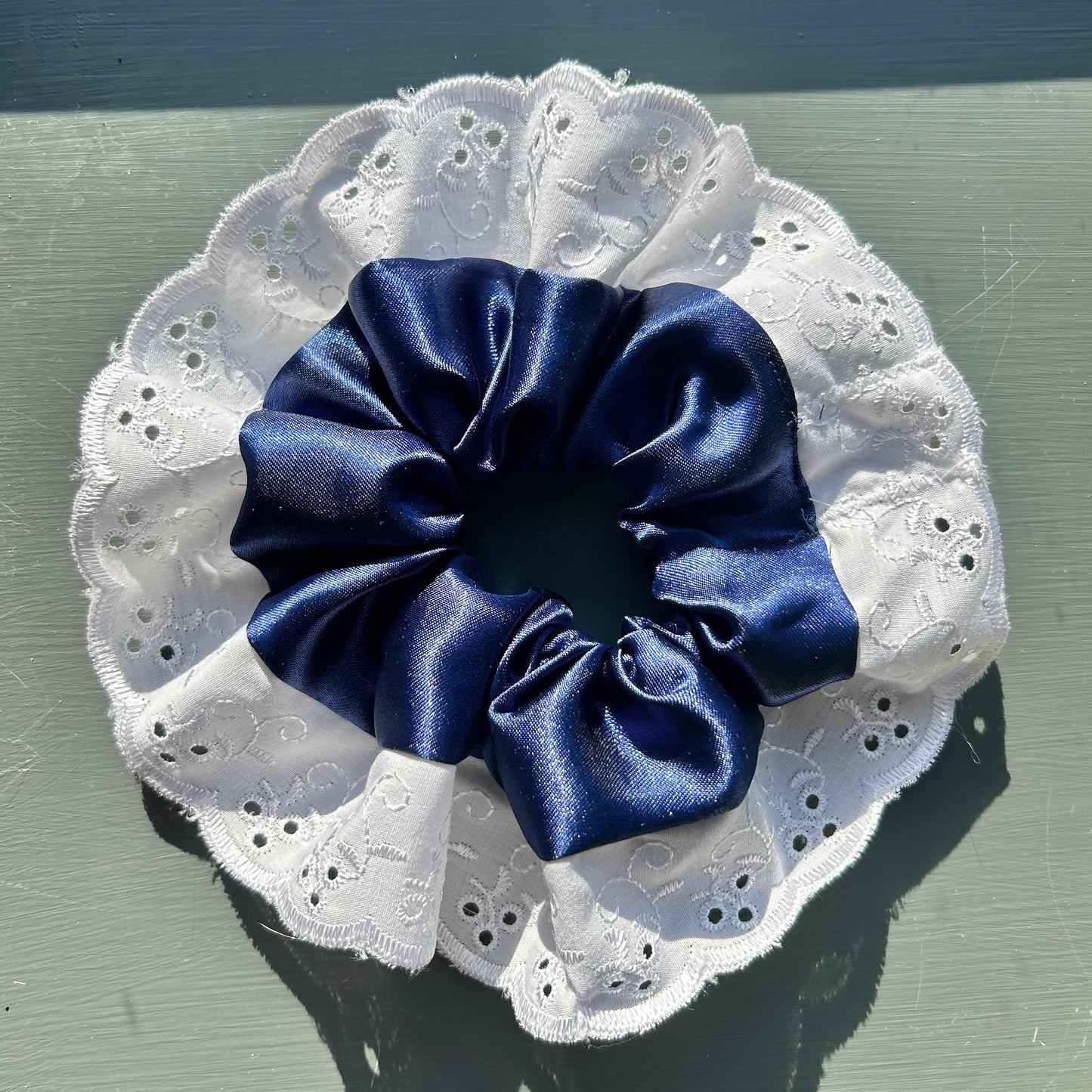 Midnight Blue Satin Scrunchie with Broderie Trim