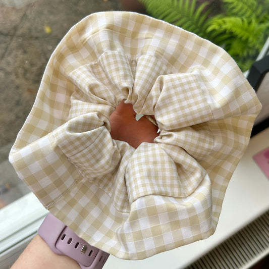 Large Beige Gingham Scrunchie with Wider Gingham Trim