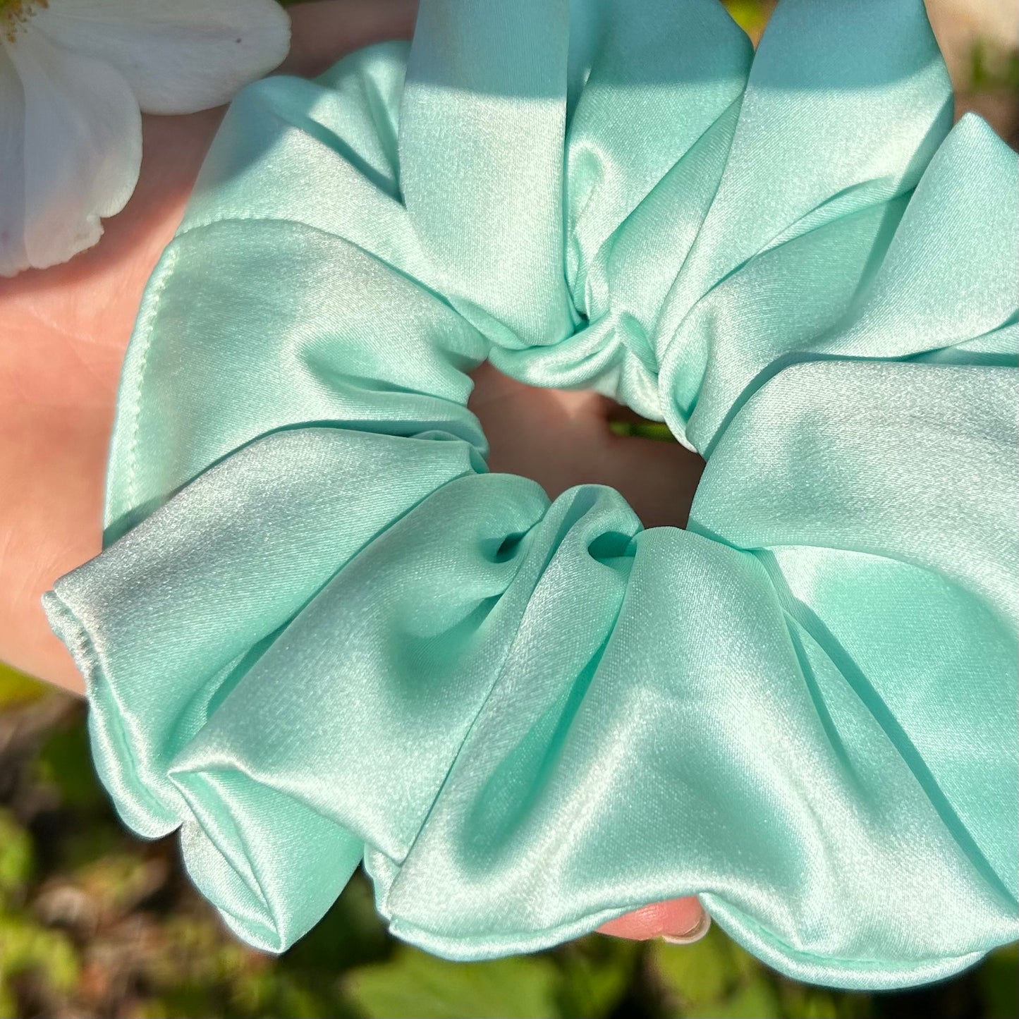 Aqua Blue Satin Scrunchie