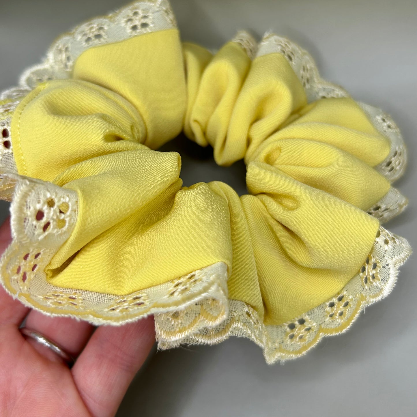 Yellow Scrunchie with Matching Broderie Trim